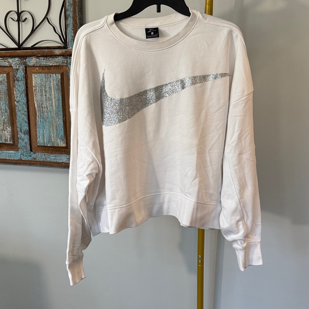 Nike White Crewneck Sweatshirt with Silver Glitter Swoosh
